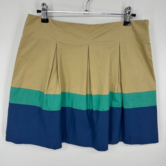 Theory Pleated Mini Skirt 8 Color Block Striped Cotton Poplin Tan Aqua Blue - Picture 1 of 6